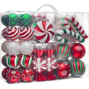 Christmas Ornaments Set 108ct Candy Cane Red Green White Shatterproof Tree Decor
